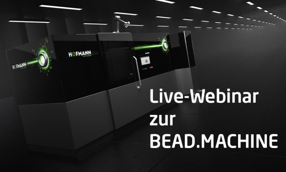 BEAD.MACHINE auf schwarzem Grund mit Text "Live-Webinar zur BEAD.MACHINE"