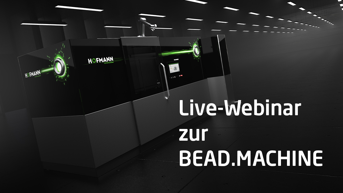 BEAD.MACHINE auf schwarzem Grund mit Text "Live-Webinar zur BEAD.MACHINE"