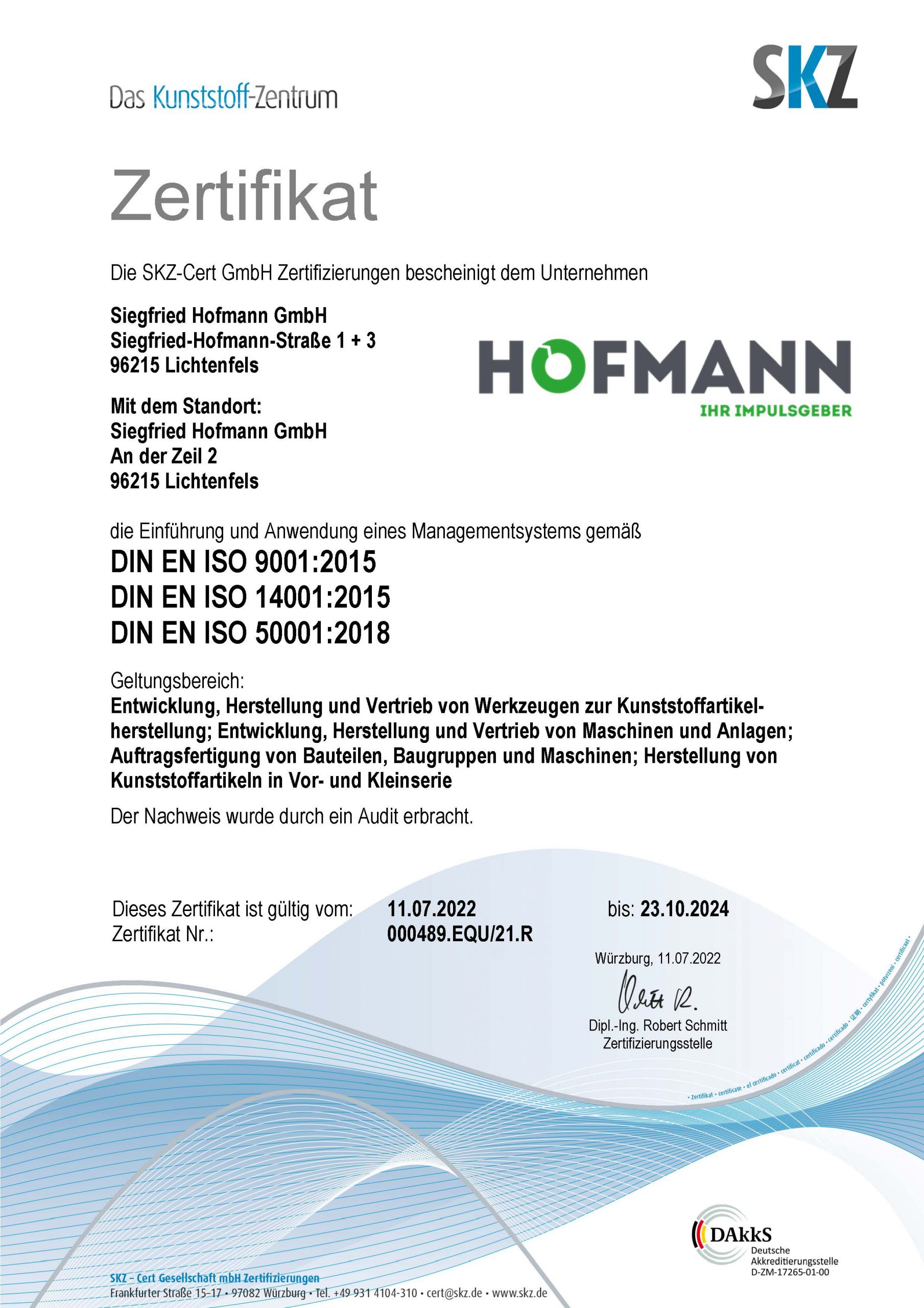 ISO Zertifikat 14001 der Siegfried Hofmann GmbH auf Deutsch